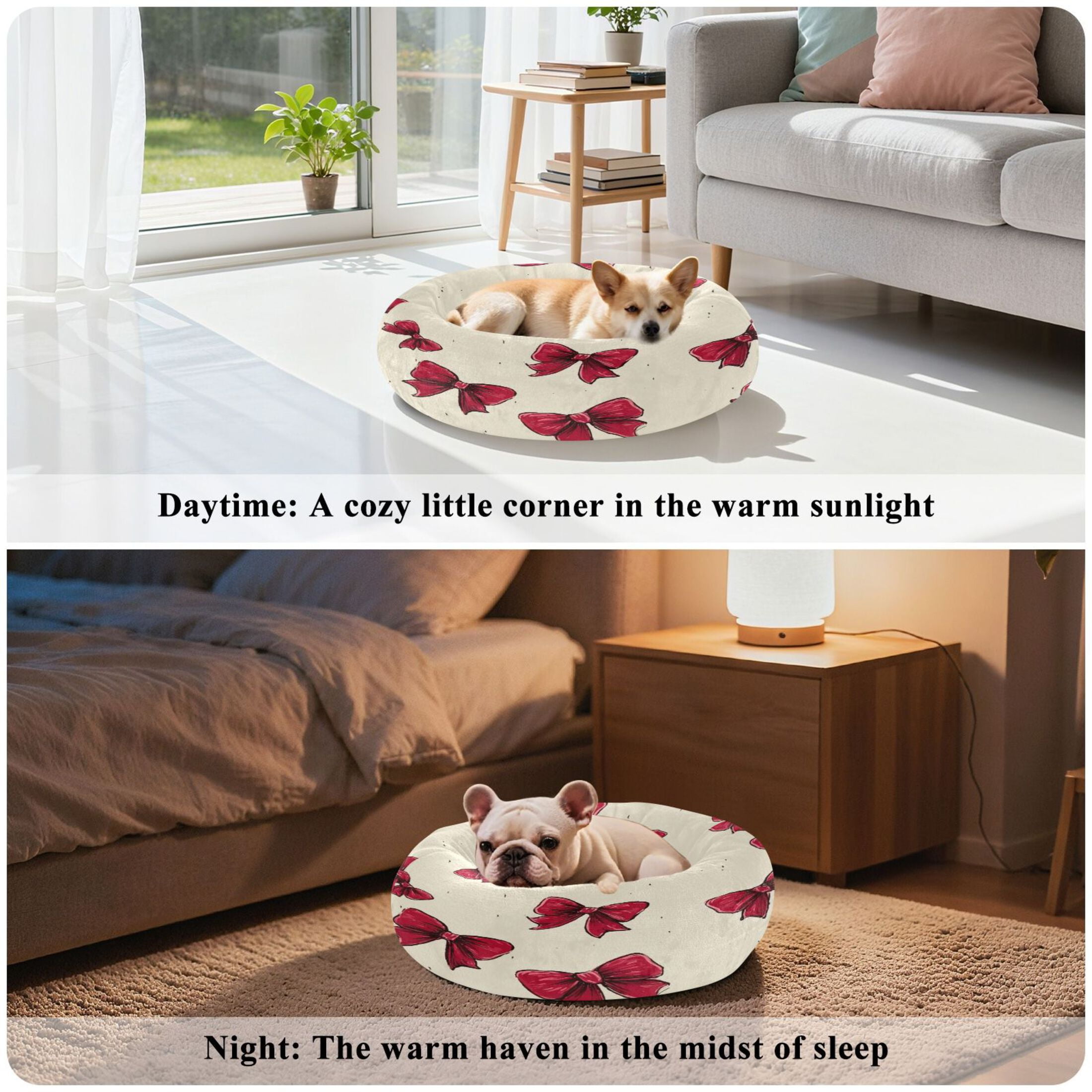 Iauyy Pet Couch Donut Cat Bed for Indoor Cats/Small Dogs Washable & Machine with Non-slip Bottom Calming Cat Furniture, Cream-colored Bow Tie (XS)