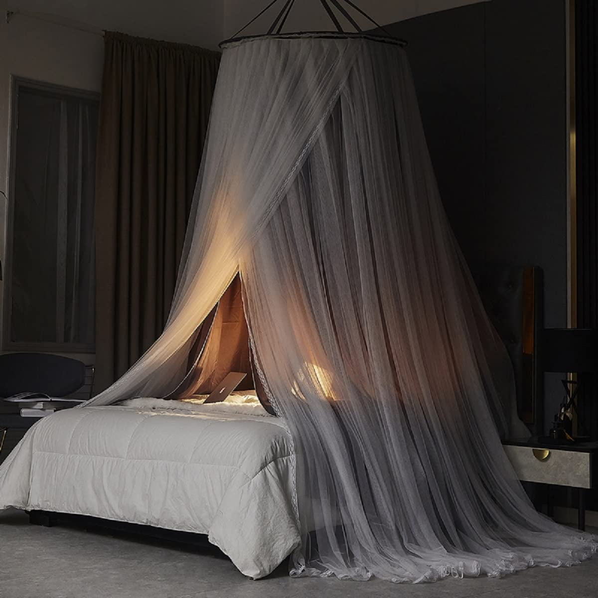 Luxurious Bed Canopy for Girls & Adults - Double Layer Princess Canopy with Lace, Round Dome Mosquito Netting for Queen/King Bed Tent (New Gray)