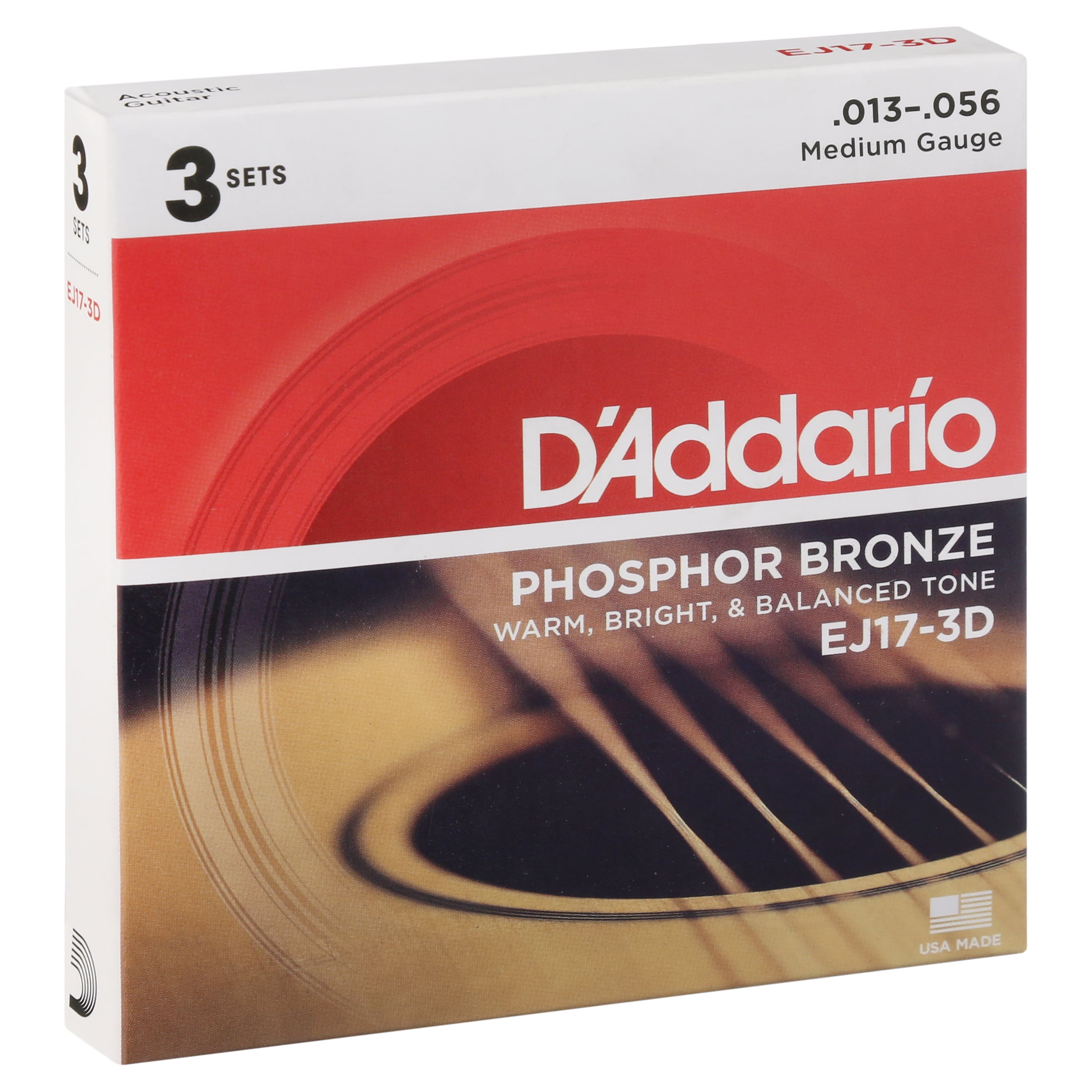D'Addario EJ17-3D Phosphor Bronze Acoustic Guitar Strings, Medium, 13-56, 3 Sets