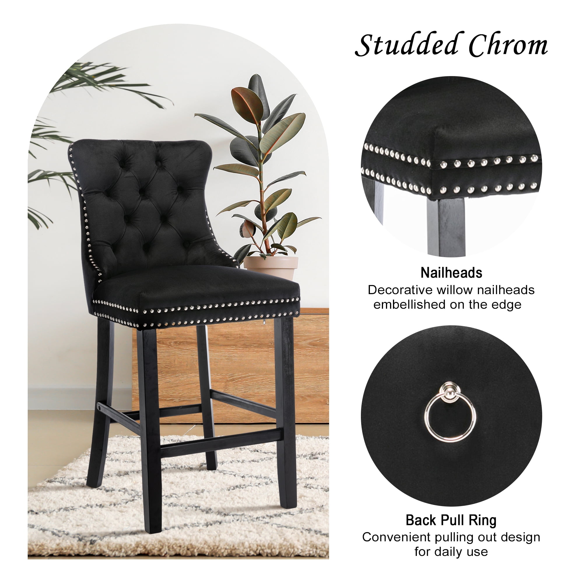 DONICK Velvet Counter Height Bar Stools Set of 2,Button Tufted Back Bar Chair Nailhead Back Pull Tab Wooden Leg(Black)
