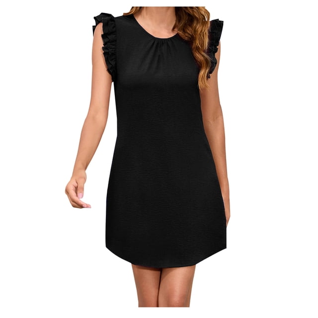 AherBiu Robes pour Femmes 2024 Robe Courte Droite Sans Manches à Volants aux Épaules Basique Mignonne Mini Robes