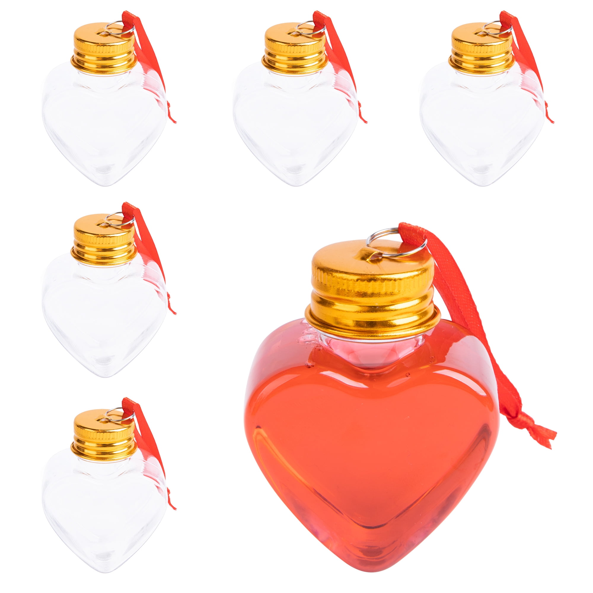 Fillable Christmas Ornament Drink Balls, 6-Pack 50ml Clear Plastic Heart-Shaped Hanging Decorations for White Elephant and Holiday Trees