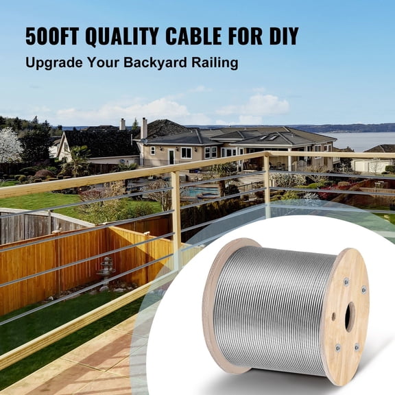 1/8"x500ft 316 Stainless Steel Wire Rope, 1x19 Strands - Deck Rail, Fence & Staircase Cable, High Strength & Rustproof