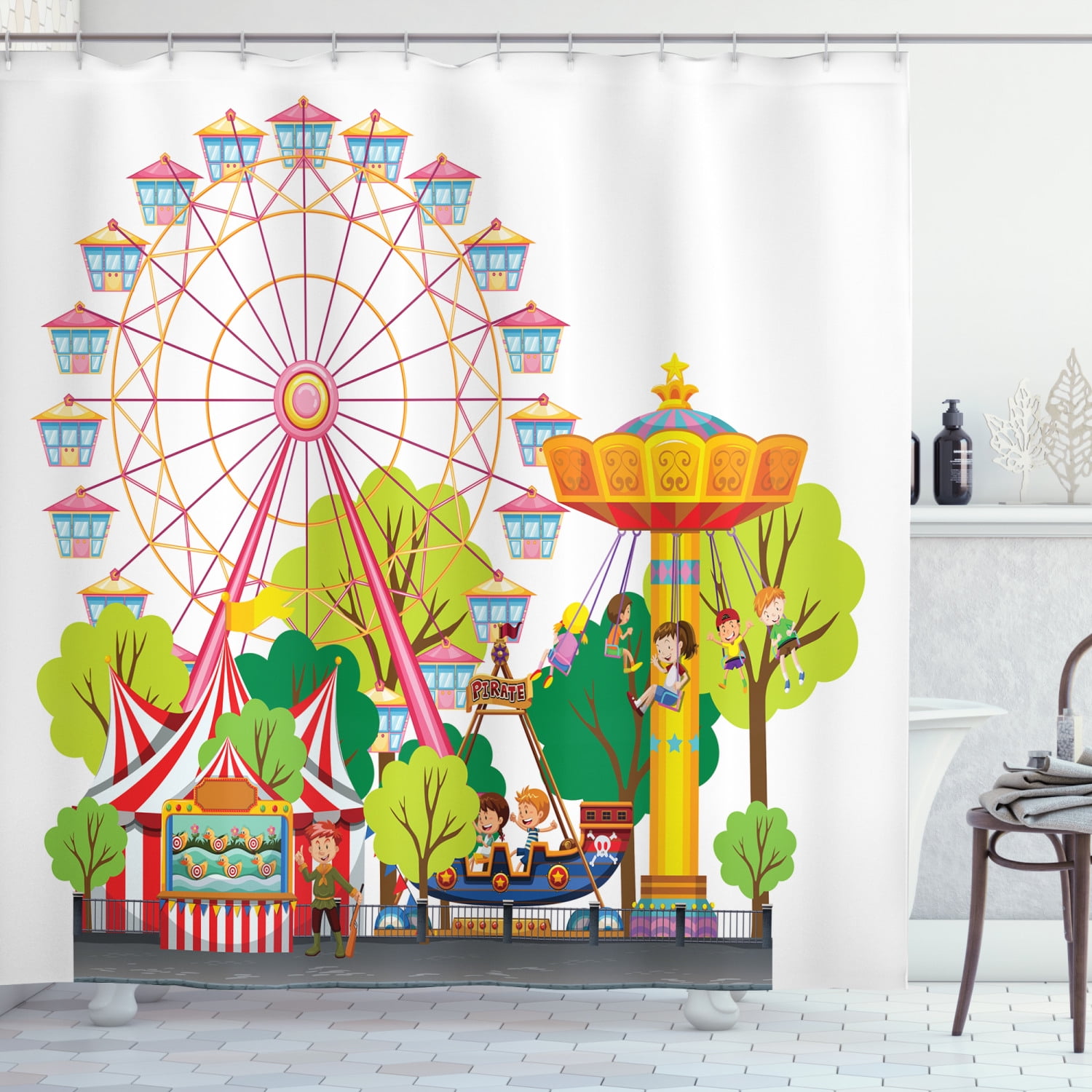 Carnival Circus Tent Shower Curtain Liner Bathroom Mat Polyester Fabric Hooks 