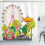 Ferris Wheel Shower Curtain, Clip Art Style Circus Illustration with Ferris Wheel Carnival Tents Gondola, Fabric Bathroom Set with Hooks, 69W X 84L Inches Extra Long, Multicolor, by Ambesonne