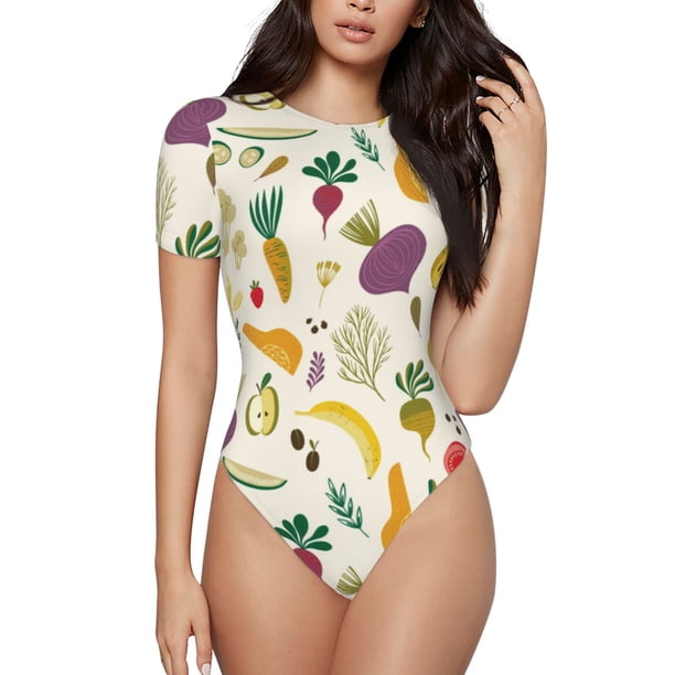 Fotbe Vegetable Body de Mujer con Cuello Redondo y Mangas Cortas, Sin Mangas Ajustado, Suave, Cómodo y Básico-XX-Large