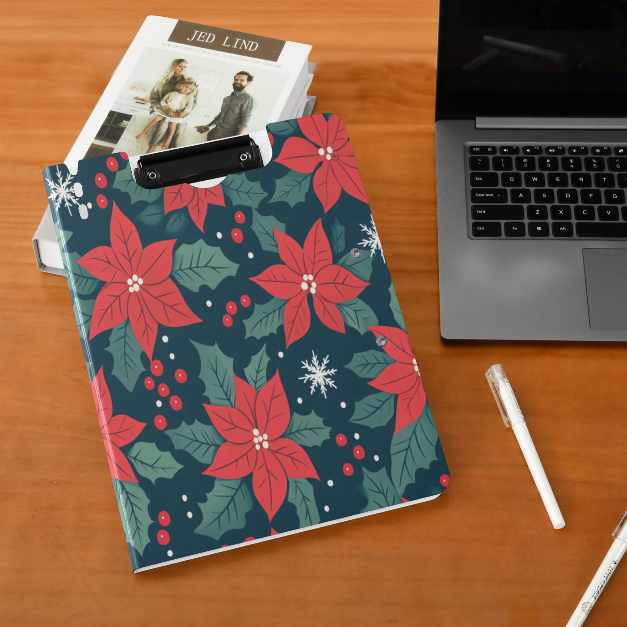 FORMRS A4 Clipboard Folder with Pen Holder Horizontal Foldable School Office Binder, Red Christmas Leaves