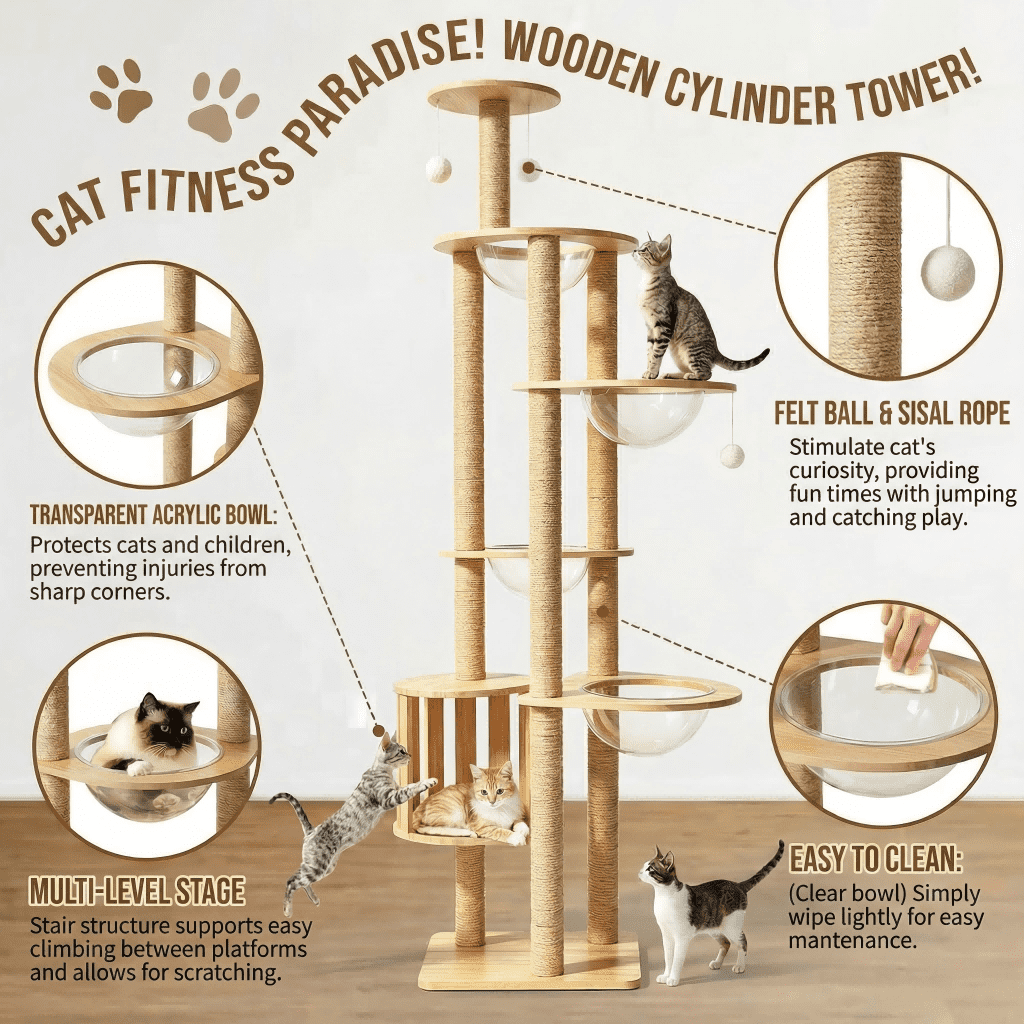 Mekidulu 72in Wood Cat Tree Tower with 4 Feeding Bowls and 12 Sisal Posts, Indoor Condo, Natural