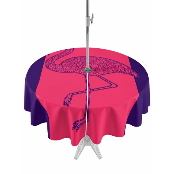 Pink Navy Blue Flamingo Outdoor Tablecloth with Umbrella Hole, Summer Beach Coastal Modern Art Spillproof Waterproof Outdoor Table Cover, Patio Tablecloths for Party/Garden/Picnic, Round 54 inch