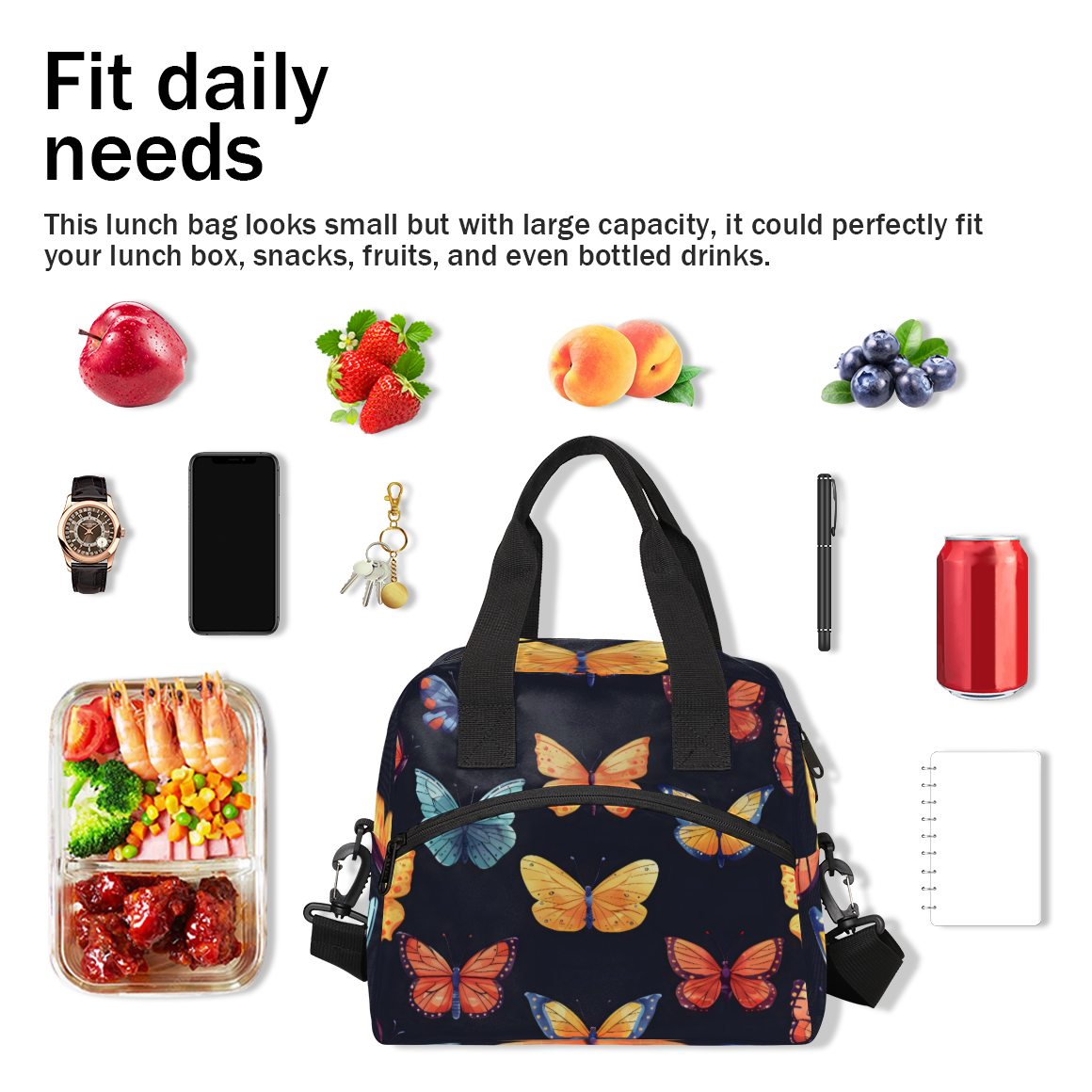 Herdesigns Butterflies Insulated Lunch Bag for Women Men Adults Large Reusable Lunch Box Leakproof Portable Cooler Tote Bags with Adjustable Shoulder Strap