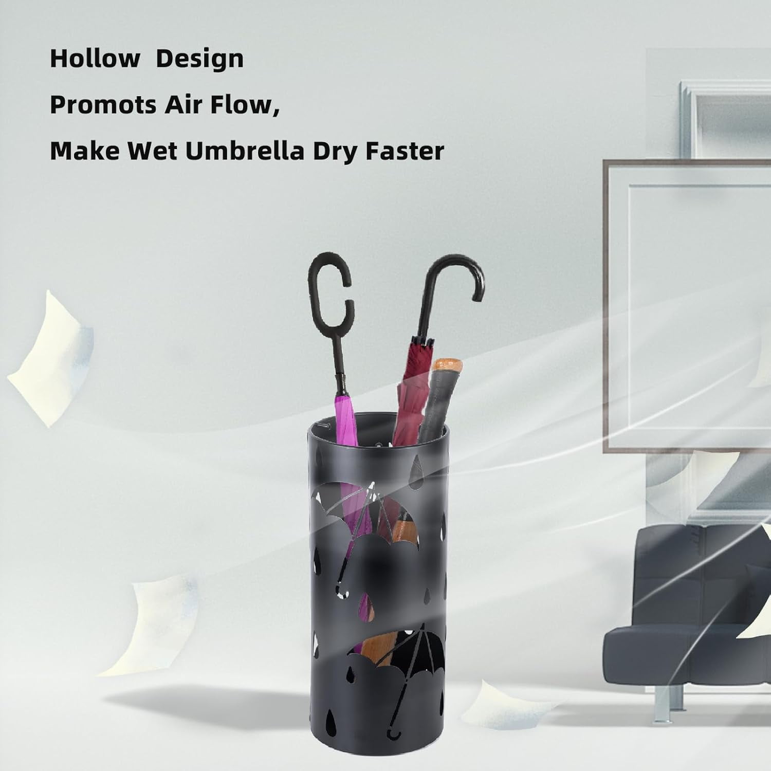 Umbrella Stand Rack, Black Round Metal Umbrella Holder, Free Standing Organizer with Hooks for Walk Stick