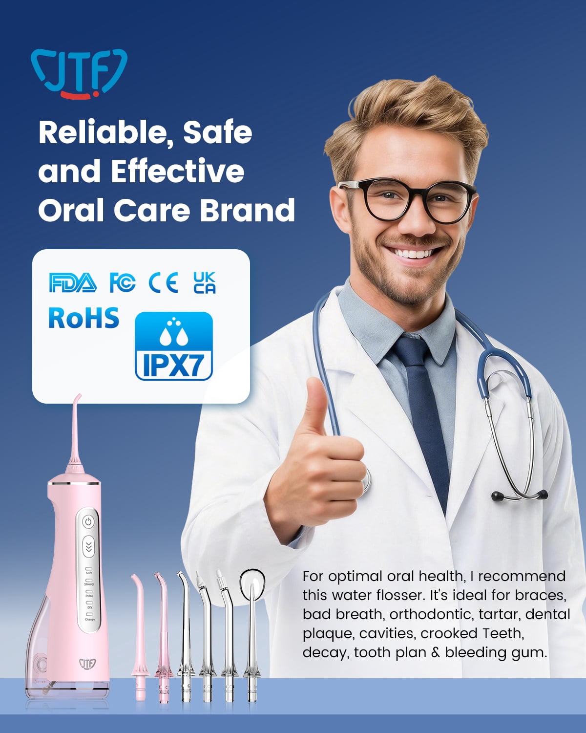 JTF Cordless Water Flosser for Teeth: 3 Modes & 10 DIY Pressure Levels Portable Oral Irrigator for Braces & Sensitive Gums with 9 Tips & 300ML Tank, Rechargeable Electric Dental Pick for Home Travel