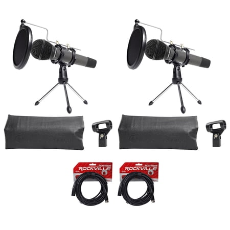 2 Audio Technica Dynamic Podcasting Podcast Microphones+Stands+Pop Filter+Cables