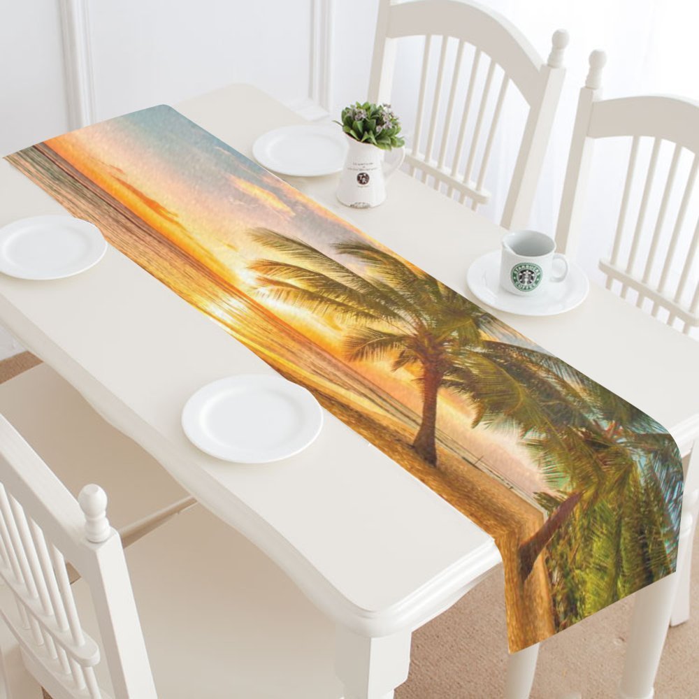 MYPOP Summer Tropical Palm Tree Table Runner Placemat 16x72 inches, Sunset over Sea Beach Table