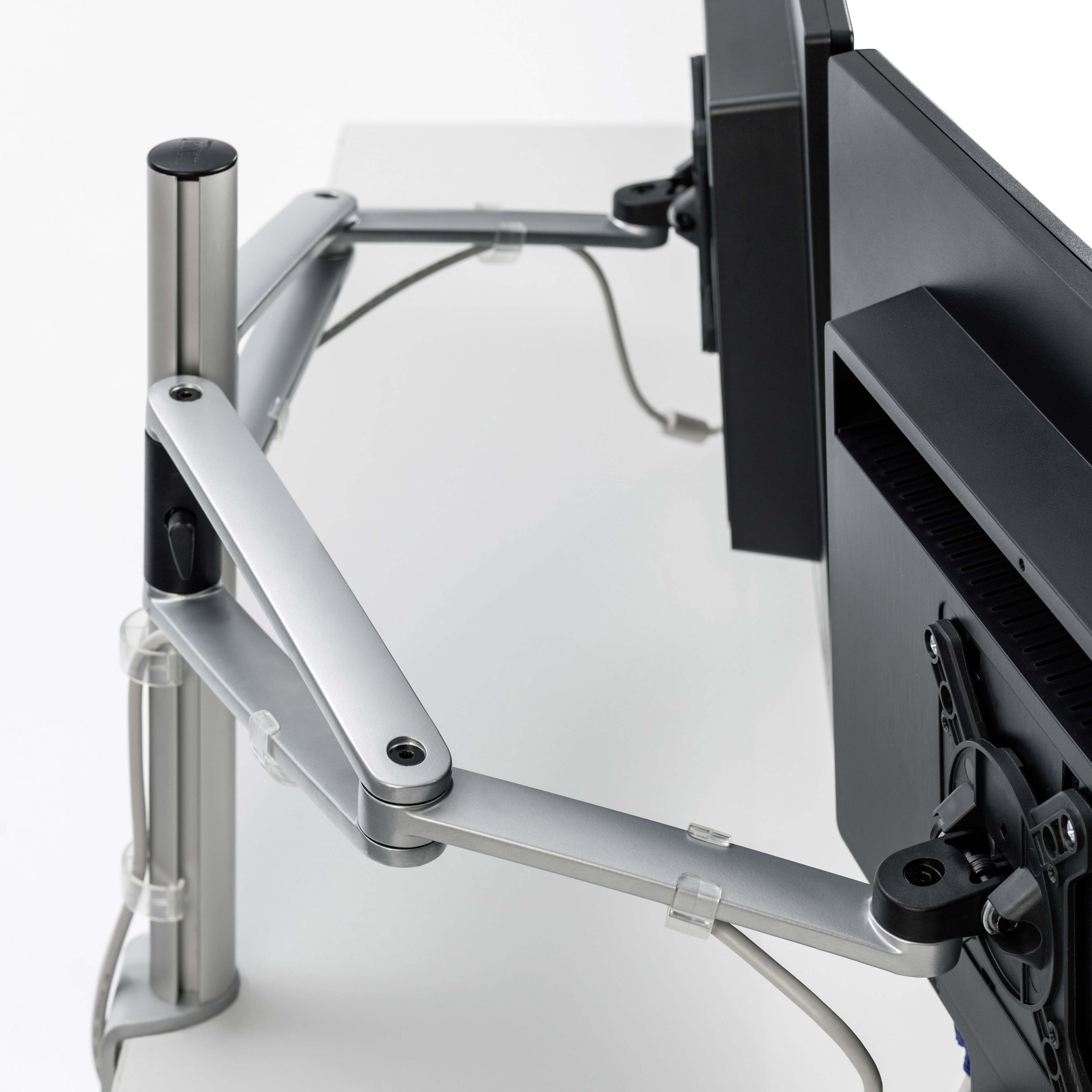 Novus MY Twin Dual Monitor Arms with 13.75" MY Column with System Clamp Base, Ergonomic & Adjustable, Silver