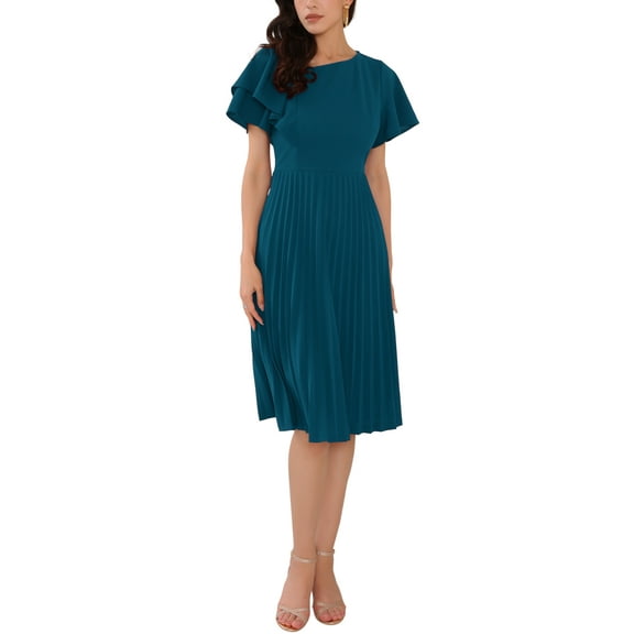 INSPIRE CHIC Women's Dressy Casual Dress Ruffled Asymmetric Neck A-Line Midi Pleated Dresses XL Peacock Blue