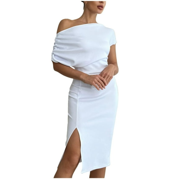 XuJwPNcy Dresses for Women Wedding Guest off the Shoulder Elegant Cocktail Dress Short Sleeve Split Hem Bodycon Dress
