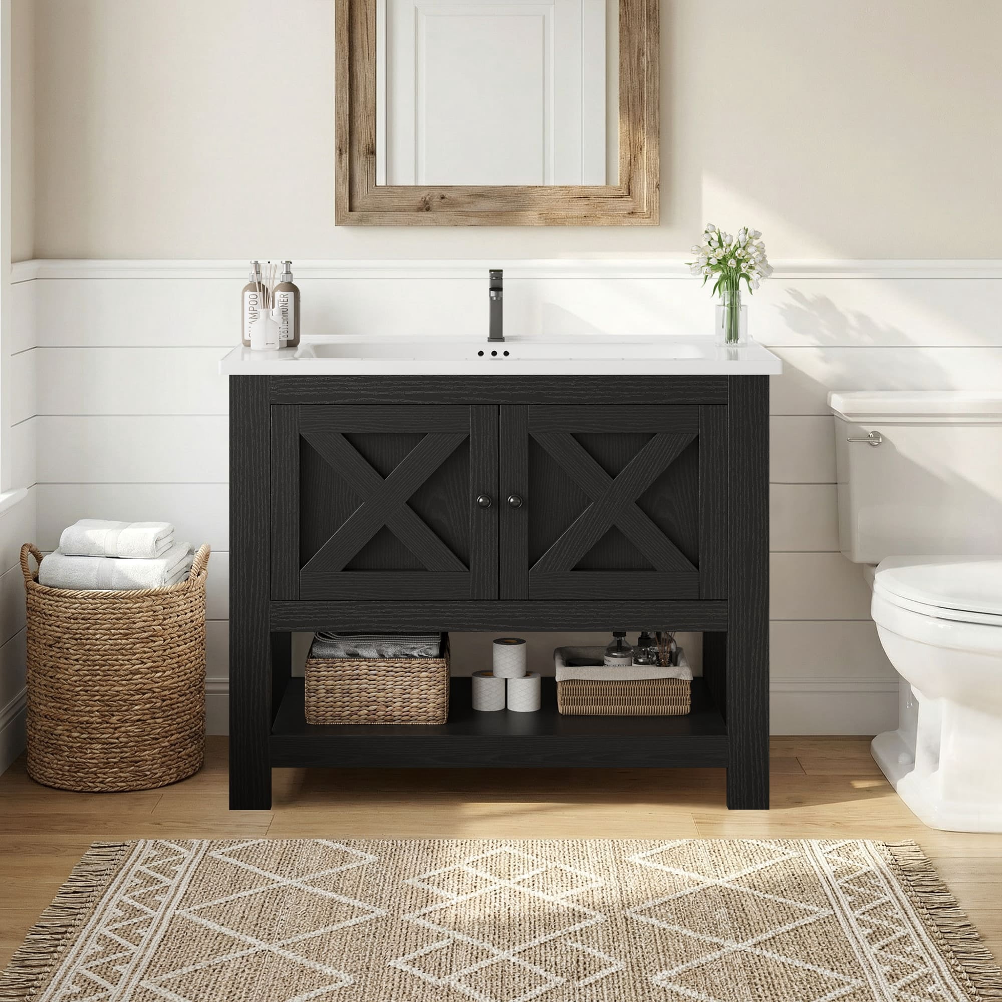 4 EVER WINNER 36" Black Bathroom Vanity with Sink, Farmhouse Storage Cabinet with X-shaped Barn Door, Ceramic Vanity Top & Open Shelf, Modern Vanity for Bathroom Laundry Room