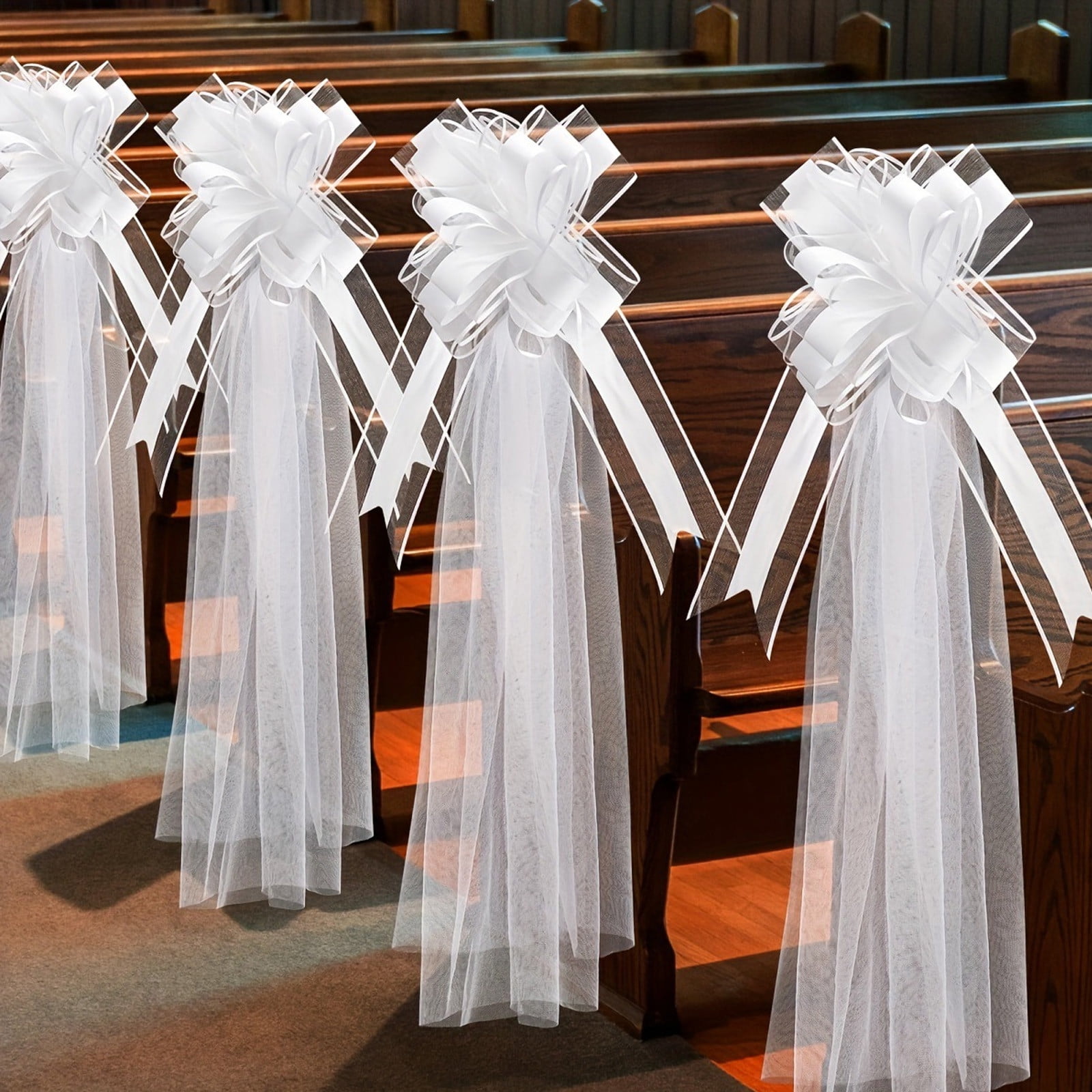 Hxlamzoo 4 Pcs White Wedding Chair Aisle Decoration Set with 3D Butterfly Bow and Long Sheer Tail for Party Home Tree Decor