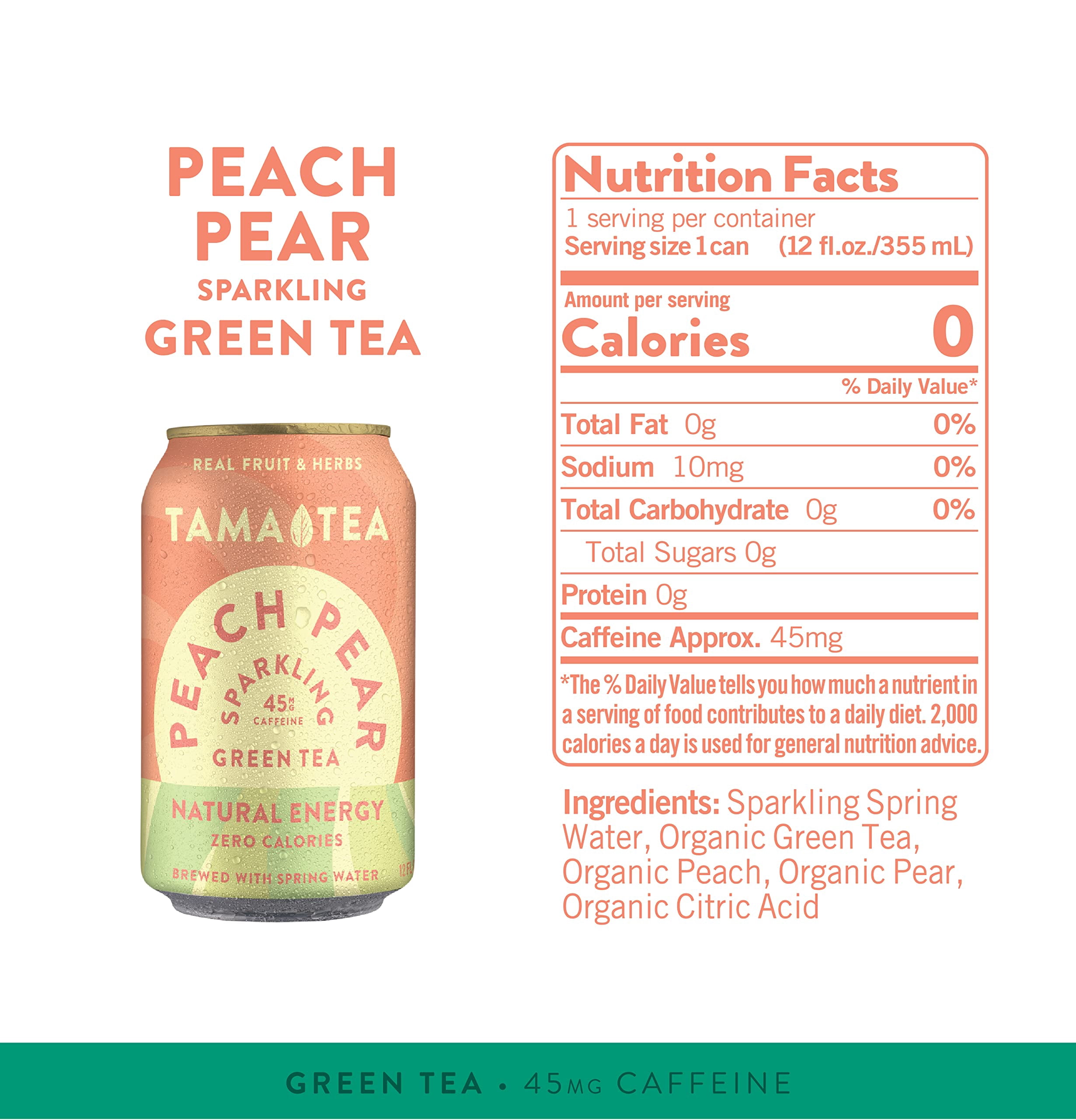 Sparkling Peach Pear Green Tea by Tama Tea - Made with Real Fruit & Herbs - Zero Sugar, Zero Calories, Non-GMO - Naturally Energizing Green Tea High in Antioxidants & Nootropics - 12 oz Pack of 12