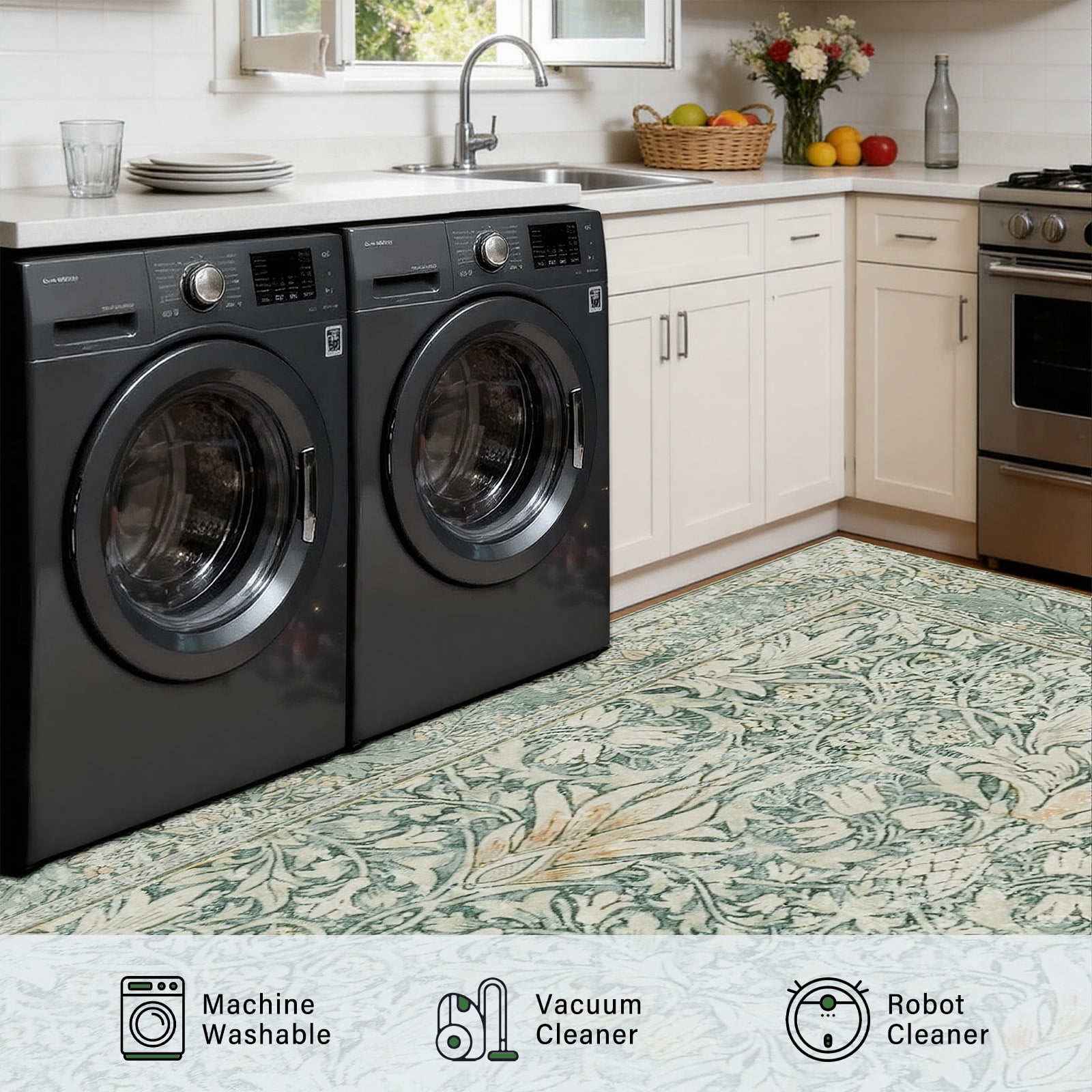8x10 Area Rugs for Living Room, Washable Area Rugs with Non-Slip Backing, Boho Floral Vintage Carpets Low Pile for Dining Room, Bedroom, Home Office, Indoor, Nursery, Apartment.