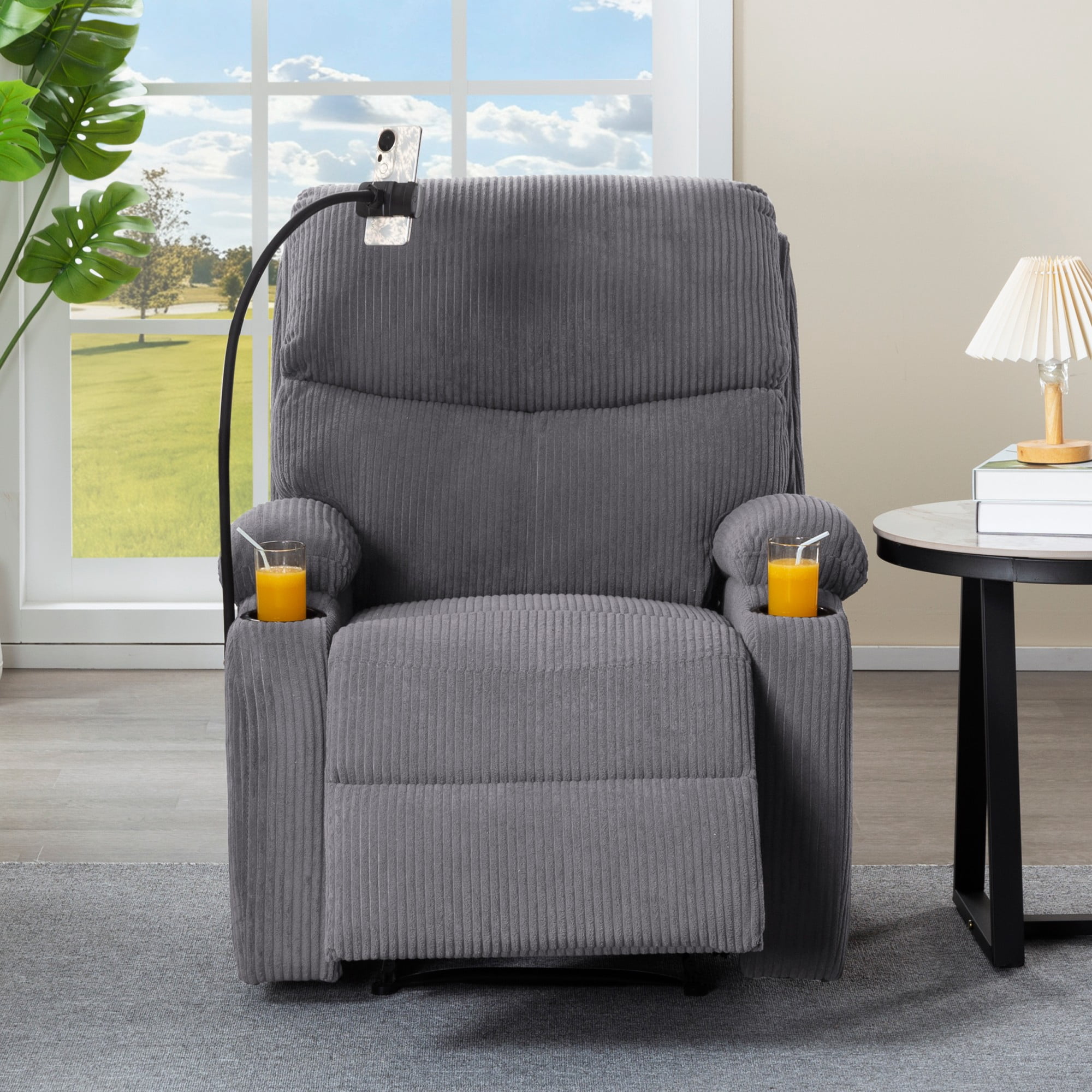 Gewnee Light Grey Corduroy Manual Push Back Recliner Chair,Recliner Armchair with Phone Holder & Cup Holders,Single Sofa for Home,Office.