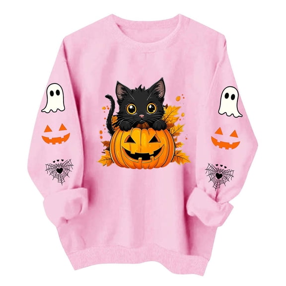 Edvintorg Women's Sweatshirts Crew Neck Sweatshirt Halloween Printed Pullover Top Long Sleeve Sweat Shirts Womens Fashion S-2XL Pink