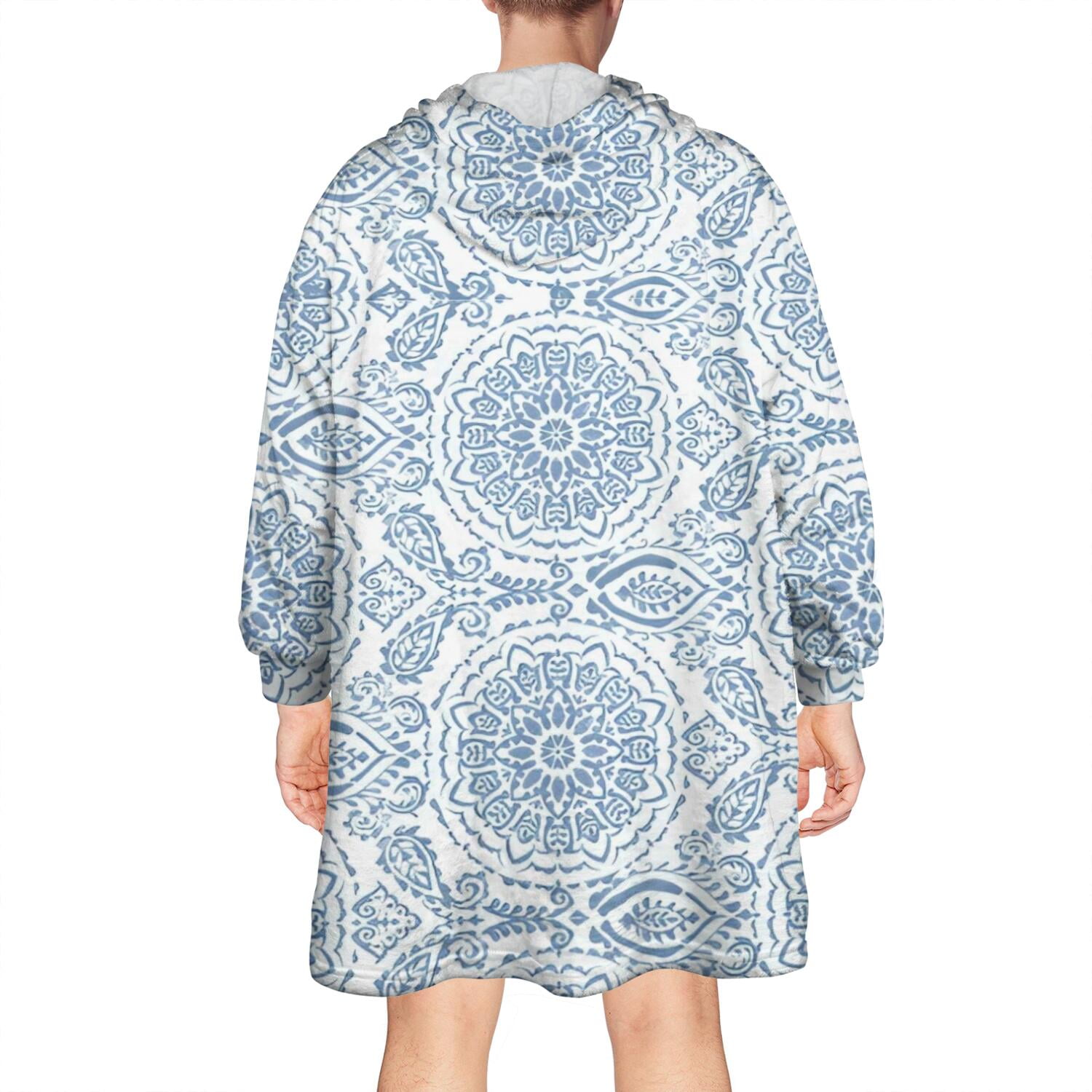 Wearable Oversized Blanket,Blue Ethnic Mandala Pattern Wearable Blanket Hoodie for Adults,Cozy Hooded Blankets with Super Pockets,Super Warm Fuzzy Pullover for Women & Men