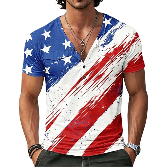 COSFO Summer Mens T Shirts Casual Short Sleeve Patriotic Independence Day Graphic Tees Pullover Button with Pocket V-Neck Classic Fit Tops