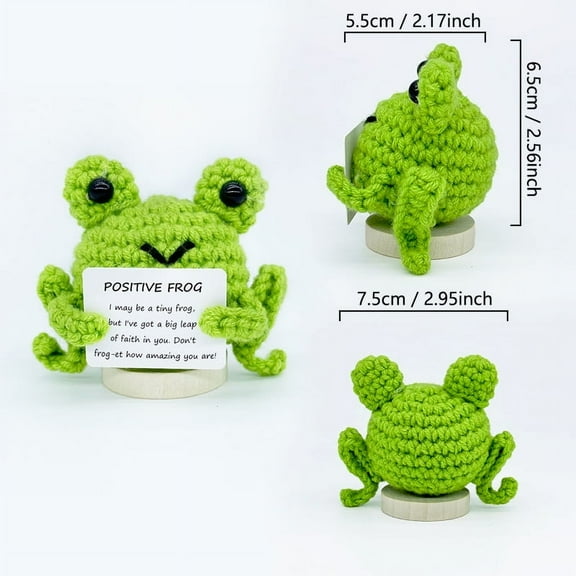 Handmade Positive Frog Gifts Funny Crochet Frog Doll with Positive Card, Mini Creative Small Gifts for Friends, Family, Party Decoration Encouragement(with base)