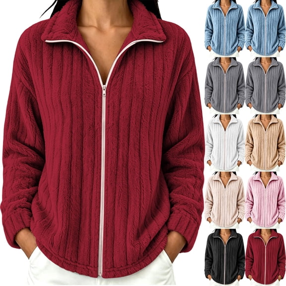 Brnmyaeo Womens Fuzzy Fleece Jacket Warm Loose Zip Up Lapel Neck Cozy Coat Casual Long Sleeve Ribbed Fleecy Fall Winter Trendy Outwear