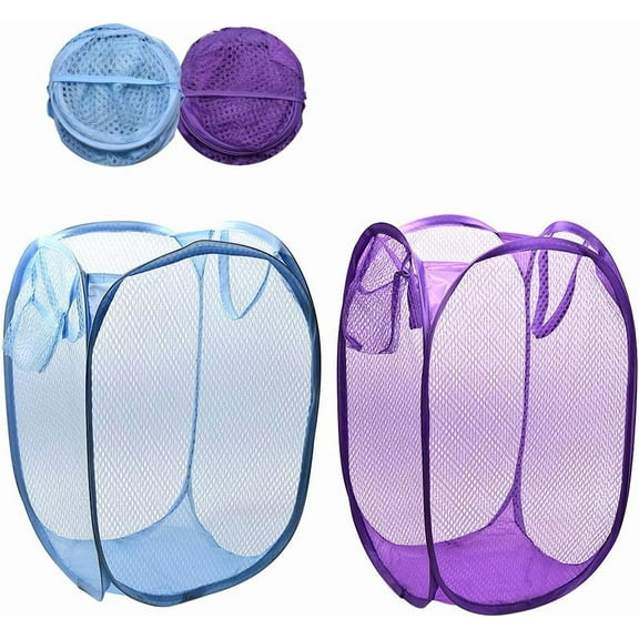 Foldable Pop-Up Mesh Laundry Hamper with Side Pocket Clothes Laundry Basket Storage Bag with Carry Handles for Dirty Clothes (2 Pack)