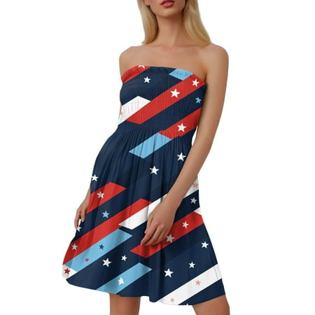 CHCNHAC Independence Day Sundresses for Women 2025 Red White and Blue Graphic Dresses Patriotic Flattering Flowy Swing Strapless Cocktail Party Dress Blue 2XL