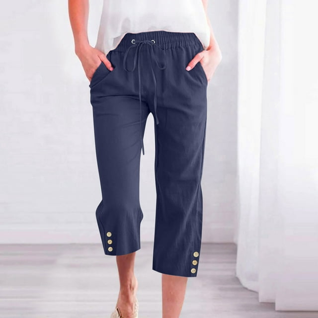 Meichang Capris Pants Women with Pockets Cotton Linen Pants Plus Size Elastic Waisted Drawstring Baggy Wide Leg Pants Solid Lounge Trousers with Buttons
