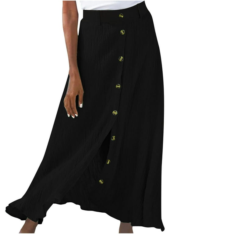 Women Summer Fashion Solid Skirt Mid Waist Long Dress Bohemian A-Line  Button Skirts Work Dresses Women's 1950s Cloak Two-Piece Cocktail Dress  Club