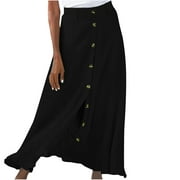 Women’s Boho Maxi Skirt Ruffle Swing Button Front Midi Long A-Line Skirt Full Length Long Maxi Skirt Bohemian Slit Skirt