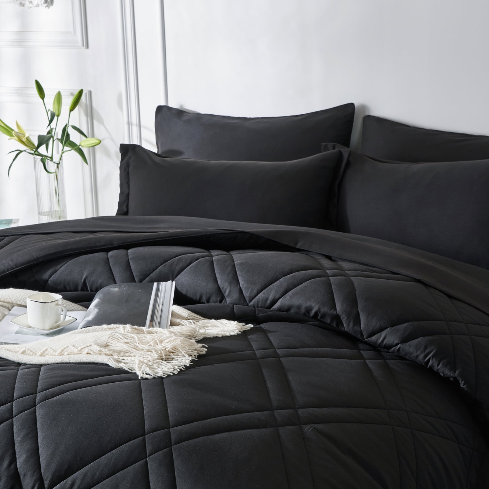 Davulos Comforter Set Twin Size 5 Pieces ,Bed in a Bag All Season Bedding Comforter Sets,Black