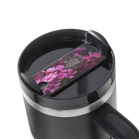 Hirioo Pink Blossoms Butterfly for Stanley Cup Lid Nameplate Personalized Acrylic Nameplate Tumbler Lid Topper(30oz , 40oz)