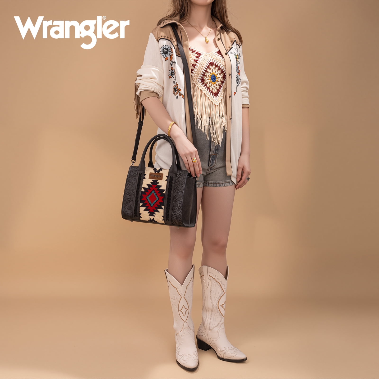 Montana West Wrangler Aztec Tote Bag for Women Western Shoulder Purse Stylish Top Handle Handbag, Black