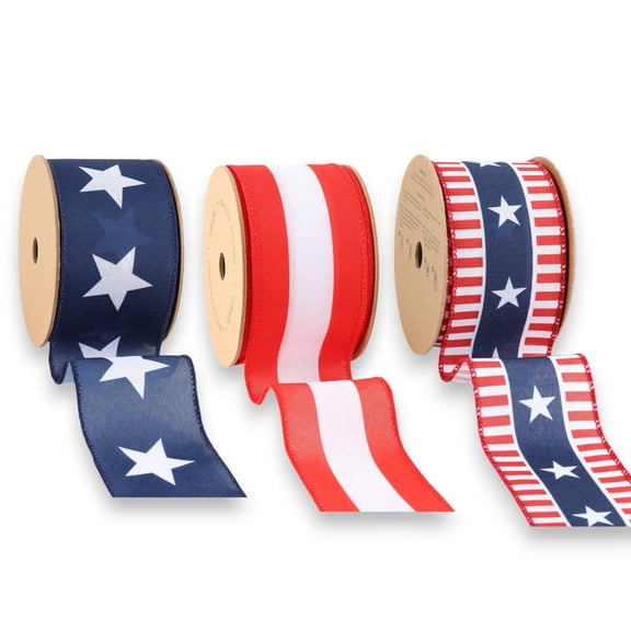 LaRibbons 2.5" Stars Stripes Wired Ribbon Bundle - 3 Rolls/30 Yards Total