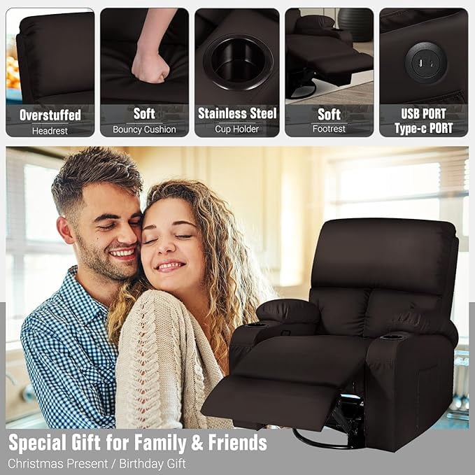 Rocking Recliner Chair, Massage Rocker Recliner Chair with Vibration Massage and Heat, USB and Type-C Ports,360° Swivel Faux Leather Chairs, Living Room, Bedroom, Nursery, RV, Brown