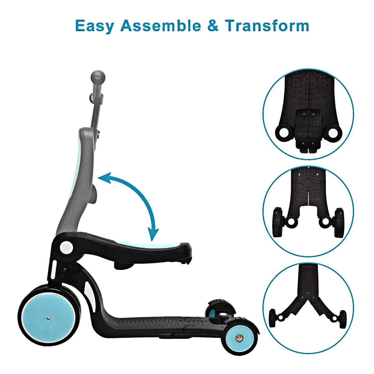 4 Adjustable Height 3 Wheels Walker with Removable Seat and Back Rest Light Up Wheels for Toddlers 1-8 Years Old Support 50 kg 5 in 1 Kids Kick Scooter 