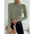 thumbnail image 3 of KelaJuan Women's Spring Elegant Slim Tops Solid Color Long Sleeve High Neck Ruched Wrap T-Shirt Clubwear, 3 of 6