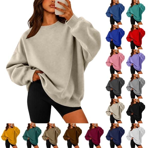 UDAUDU Womens Oversized Sweatshirts Crewneck Long Sleeve Fleece Pullover Tops Fall Y2k Sweater Cute Hoodies Beige M
