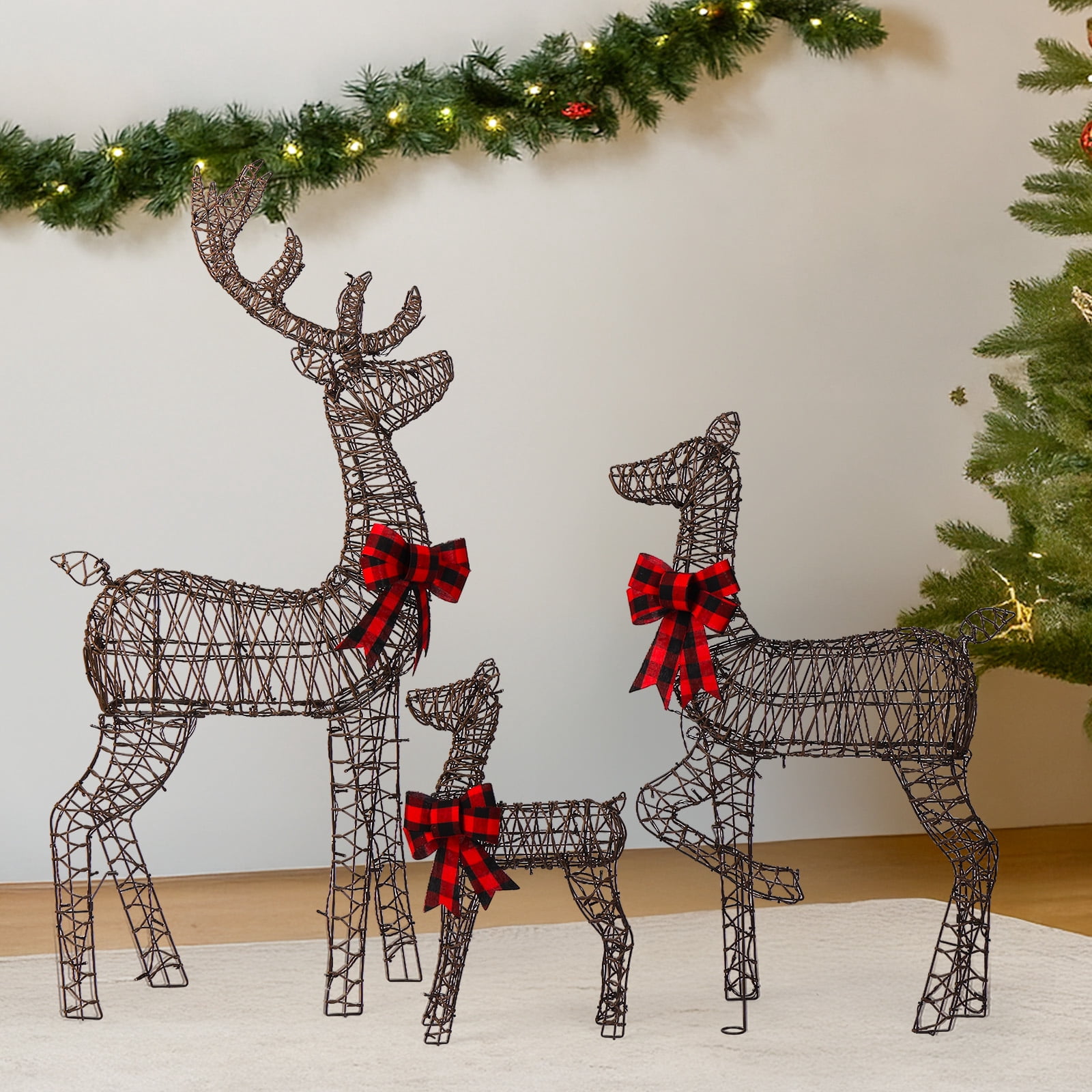 Astoutdoor 3-Piece Lighted Christmas Reindeer Family Set, Weather-Resistant Rattan, 290 Warm White LED Lights, 5 ft, White
