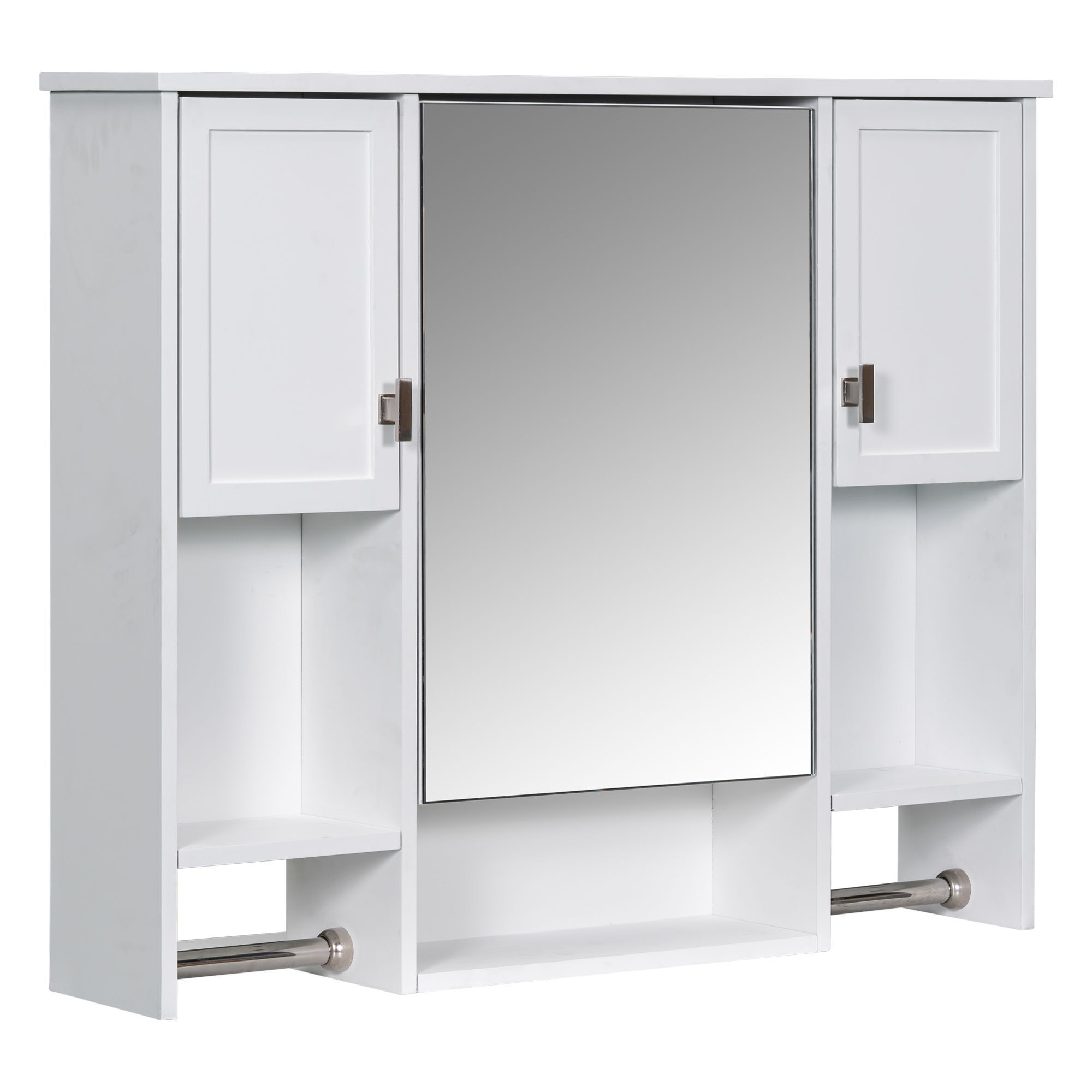 DEALTOPS Stylish Wall Mounted Bathroom Mirror Cabinet with Open Shelves and Towel Racks, White