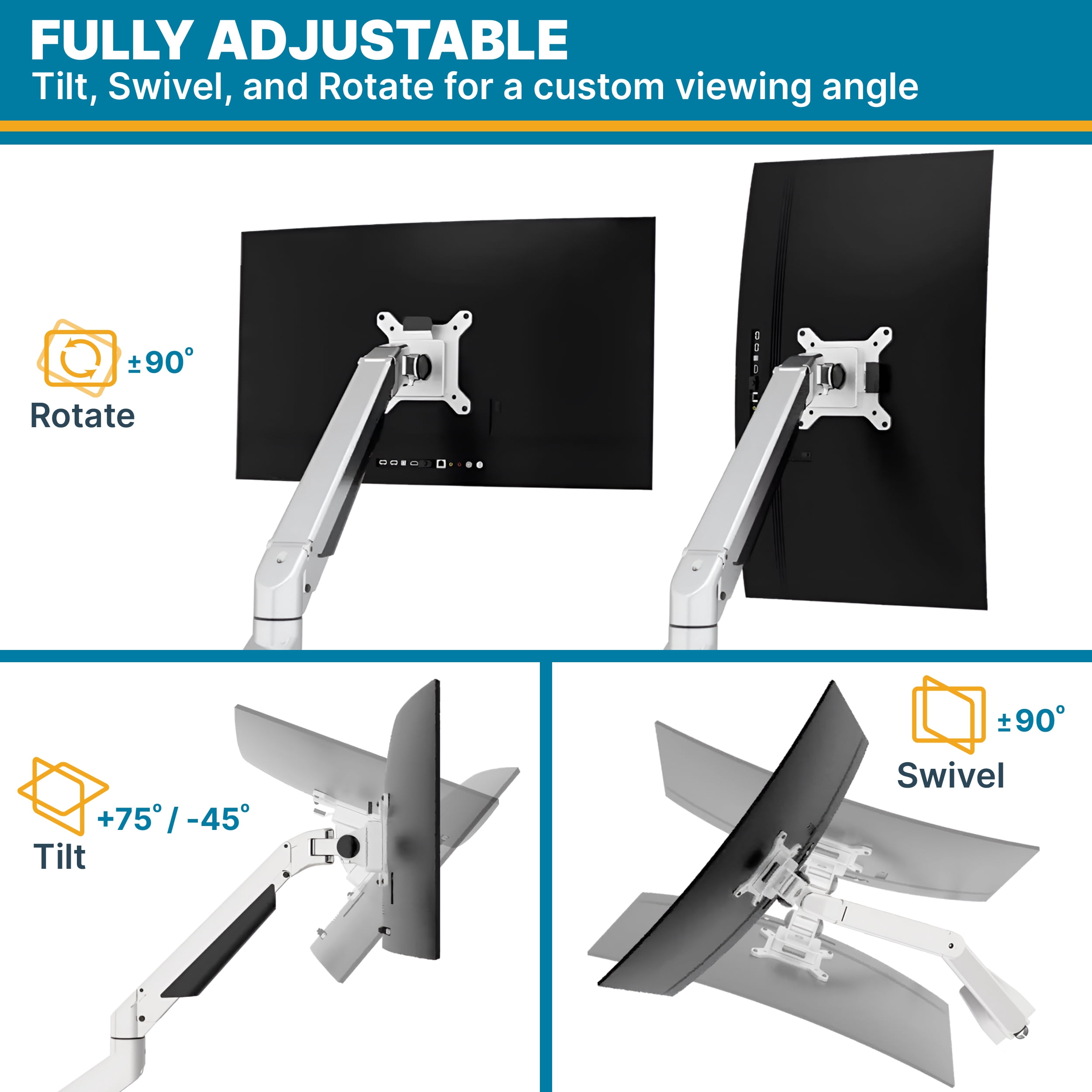 Restore Furniture Premium Height Adjustable Dual Monitor Arm Stand: Desk/Grommet Mount, Gas Spring Lift, VESA 75x75 or 100x100mm, 2 Flat/Curved Ultrawide Screens up to 34in & 44lb ea., Silver
