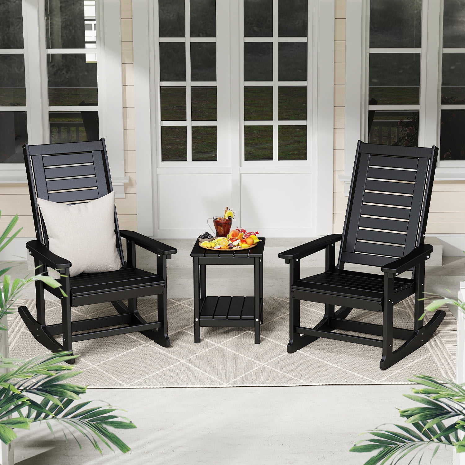 FODINGHILL Outdoor Rocking Chair Set of 2,HDPE Oversized Rocking Chair Outdoor,High Back Rocking Patio Chairs for Porch Garden Balcony,Black