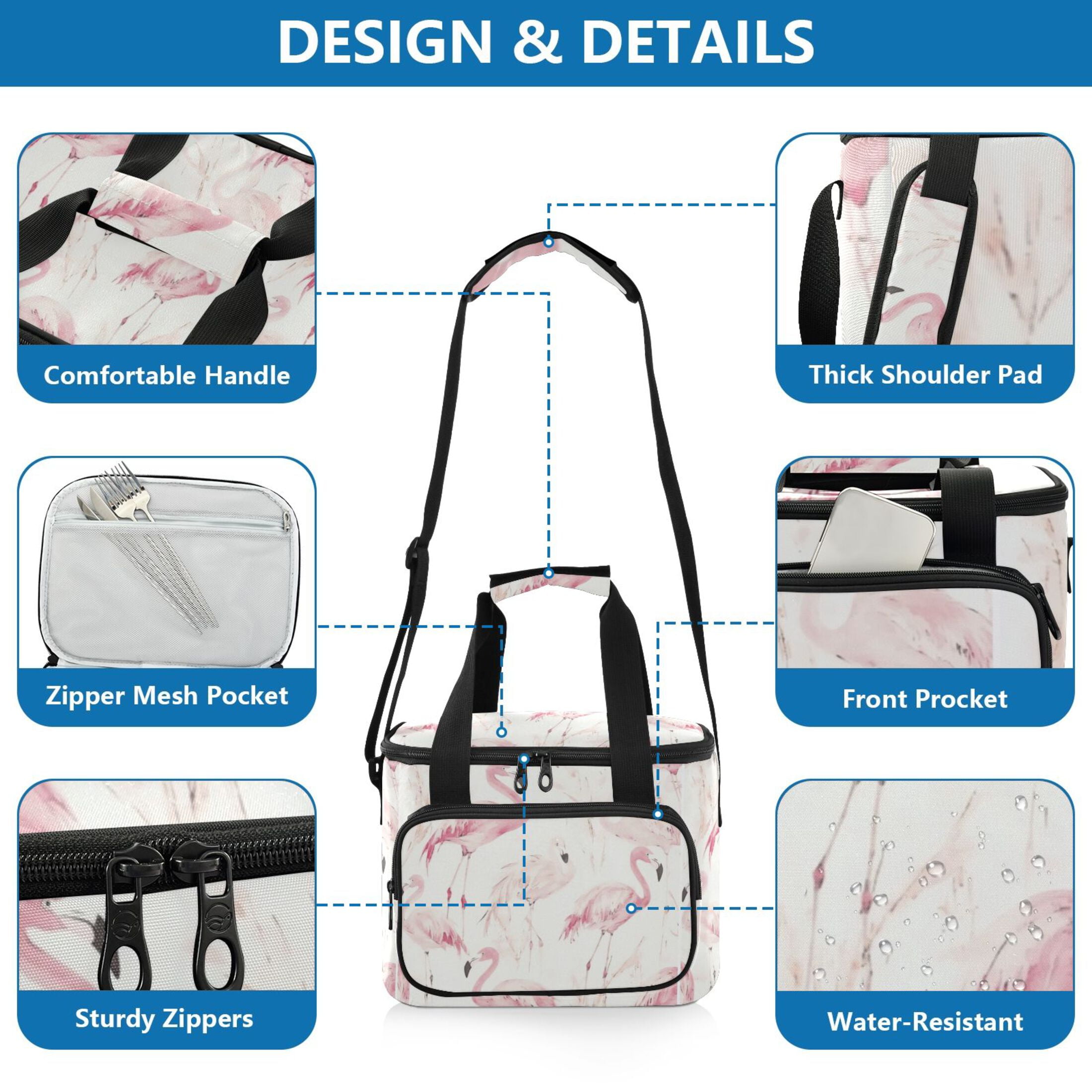 Insulated Cooler Bag with Multiple Pockets Lightweight Lunch Box Tote for Travel Beach Camping Office Pink Flamingos