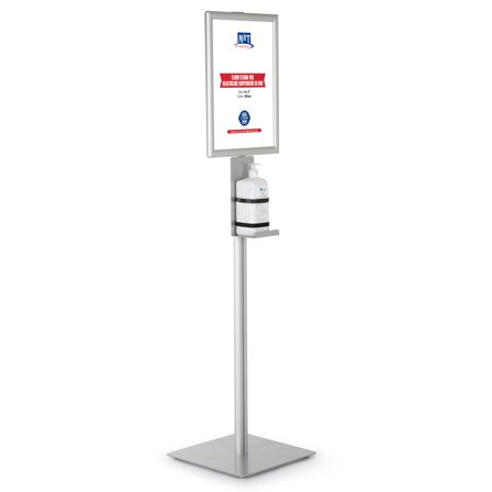 M&T Displays Floor Stand Universal Holder for Liquid/Lotion Soap or Hand Sanitizing Products with 4.33x4.33x9.84 Inch Opti Snap Frame Message Sign Post, Face Mask, Disposable Glove, Facial Tissue